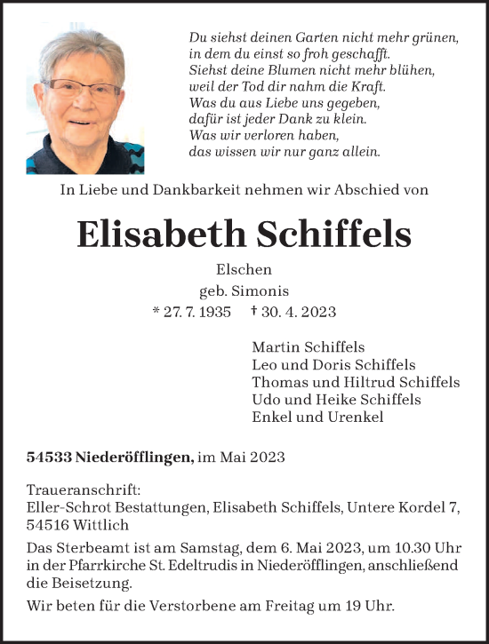 Traueranzeige von Elisabeth Schiffels von trierischer_volksfreund