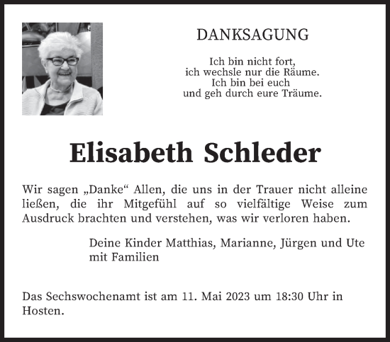 Traueranzeige von Elisabeth Schleder von trierischer_volksfreund
