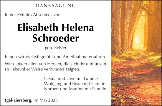 Traueranzeige von Elisabeth Helena Schroeder von trierischer_volksfreund