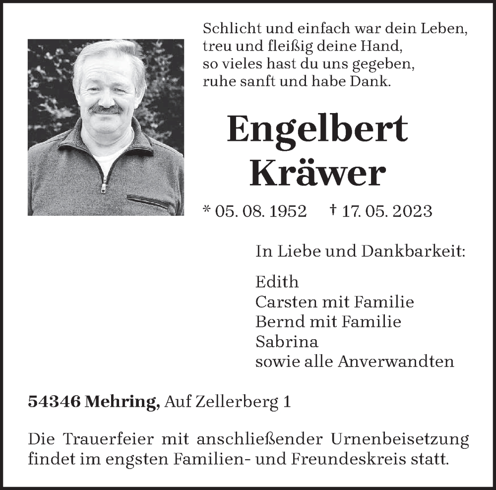  Traueranzeige für Engelbert Kräwer vom 24.05.2023 aus trierischer_volksfreund