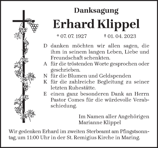 Traueranzeige von Erhard Klippel von trierischer_volksfreund
