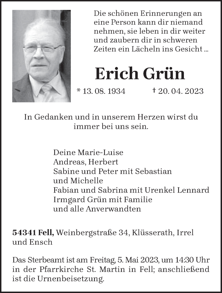  Traueranzeige für Erich Grün vom 02.05.2023 aus trierischer_volksfreund