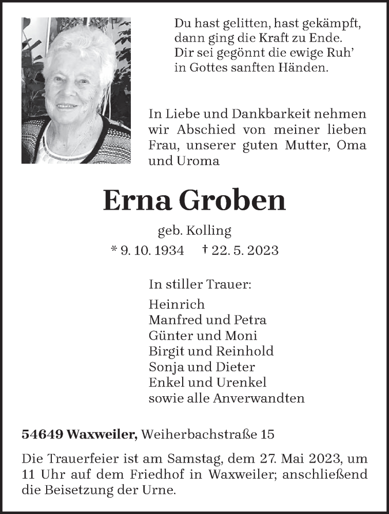  Traueranzeige für Erna Groben vom 25.05.2023 aus trierischer_volksfreund