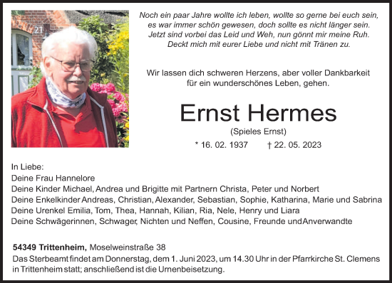 Traueranzeige von Ernst Hermes von trierischer_volksfreund