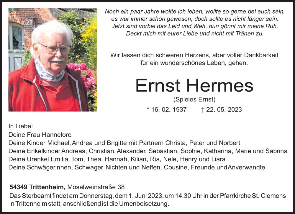  Traueranzeige für Ernst Hermes vom 27.05.2023 aus trierischer_volksfreund