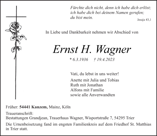 Traueranzeige von Ernst H. Wagner von trierischer_volksfreund