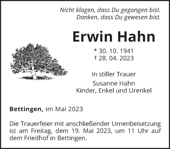 Traueranzeige von Erwin Hahn von trierischer_volksfreund