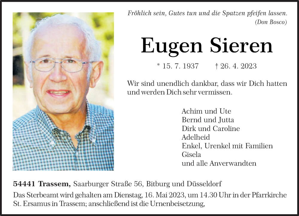  Traueranzeige für Eugen Sieren vom 06.05.2023 aus trierischer_volksfreund