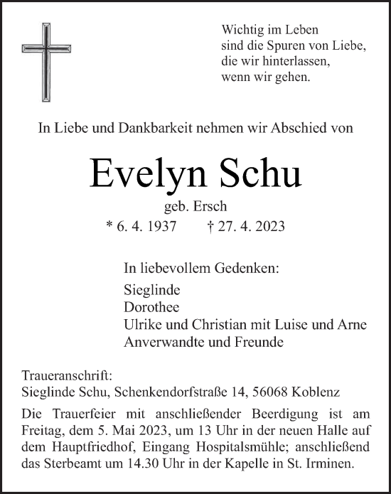 Traueranzeige von Evelyn Schu von trierischer_volksfreund