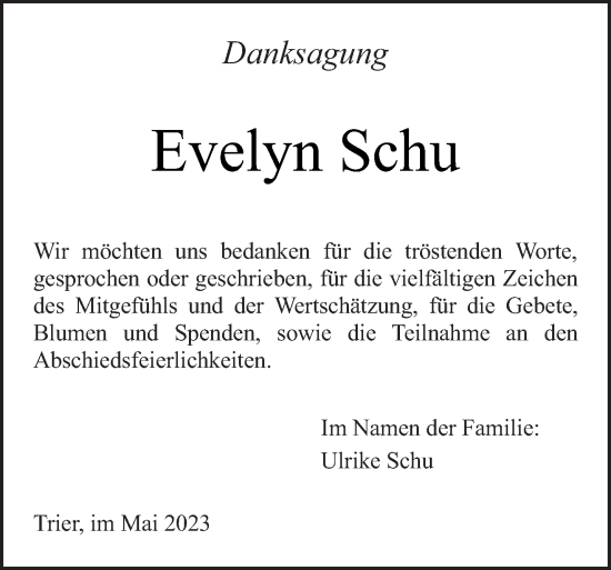 Traueranzeige von Evelyn Schu von trierischer_volksfreund