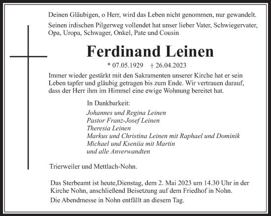 Traueranzeige von Ferdinand Leinen von trierischer_volksfreund