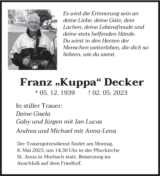 Traueranzeige von Franz  Decker von trierischer_volksfreund