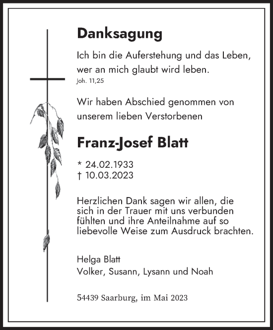Traueranzeige von Franz-Josef Blatt von trierischer_volksfreund