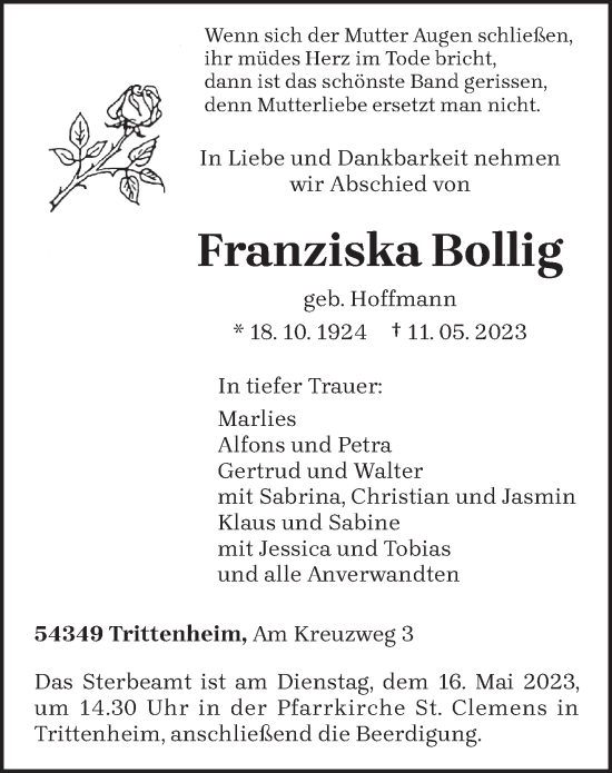 Traueranzeige von Franziska Bollig von trierischer_volksfreund