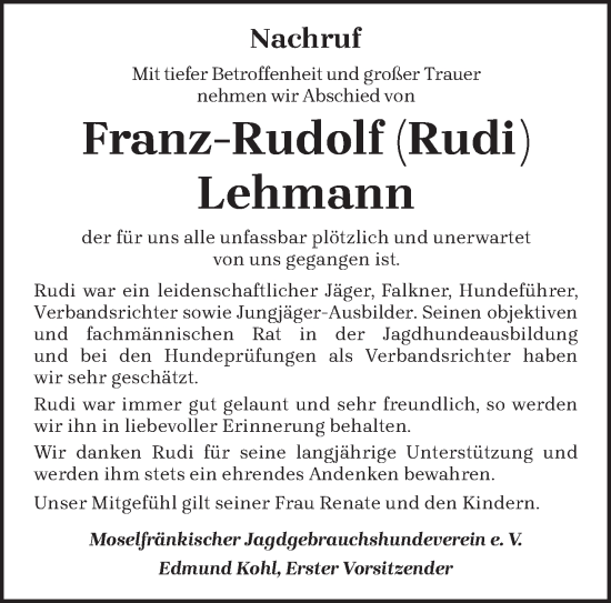 Traueranzeige von Franz Rudolf Lehmann von trierischer_volksfreund