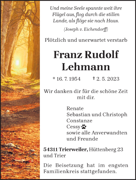 Traueranzeige von Franz Rudolf Lehmann von trierischer_volksfreund