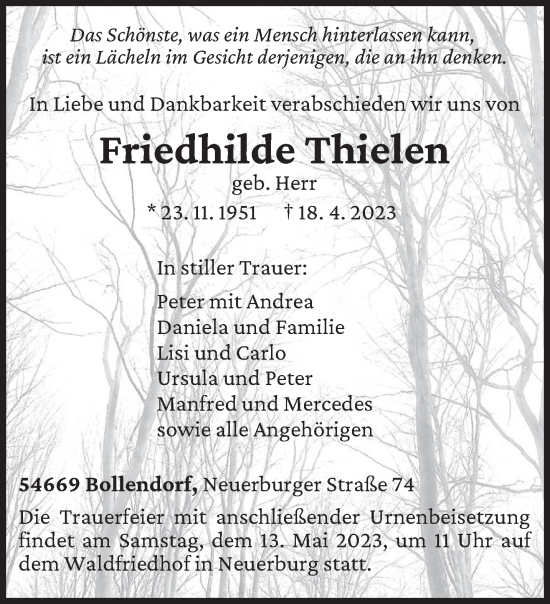 Traueranzeige von Friedhilde Thielen von trierischer_volksfreund