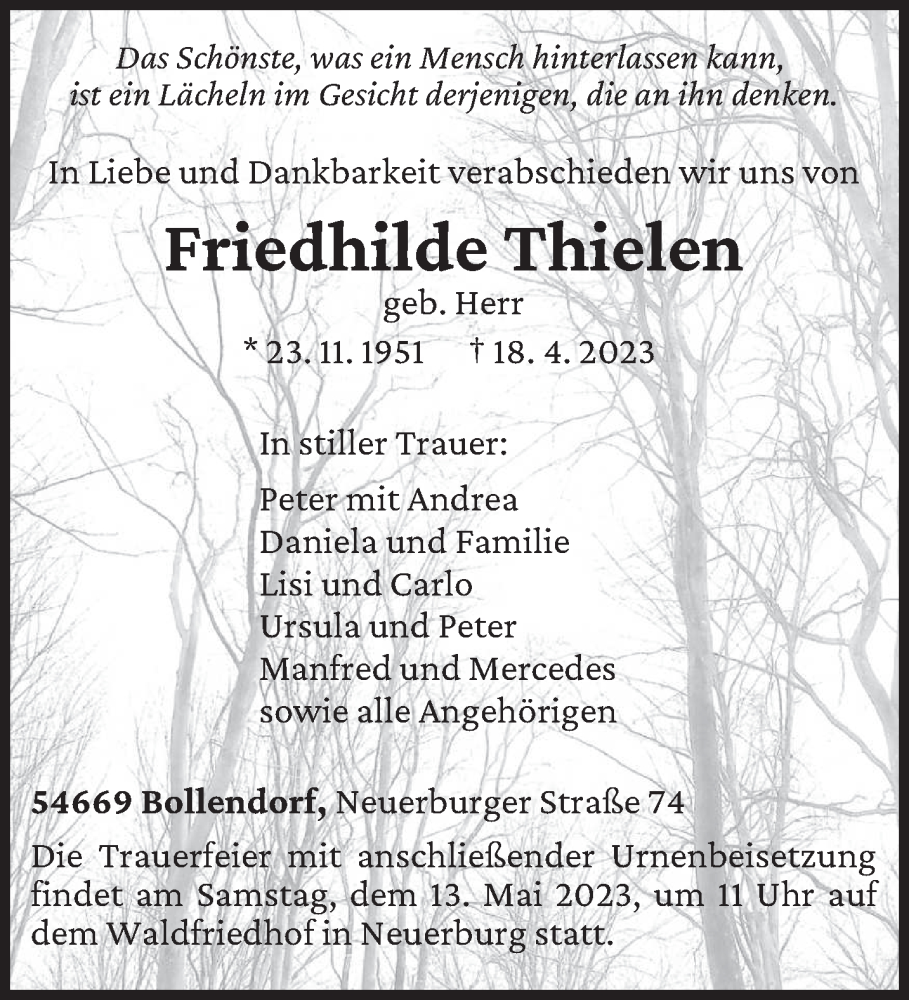  Traueranzeige für Friedhilde Thielen vom 06.05.2023 aus trierischer_volksfreund