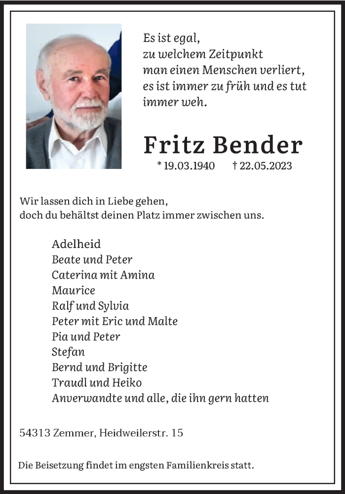 Traueranzeige für Fritz Bender vom 27.05.2023 aus trierischer_volksfreund