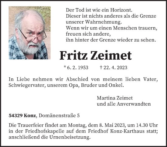 Traueranzeige von Fritz Zeimet von trierischer_volksfreund