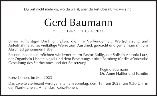 Traueranzeige von Gerd Baumann von trierischer_volksfreund