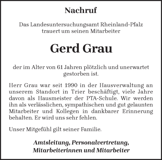 Traueranzeige von Gerd Grau von trierischer_volksfreund