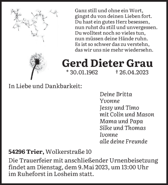 Traueranzeige von Gerd Dieter Grau von trierischer_volksfreund