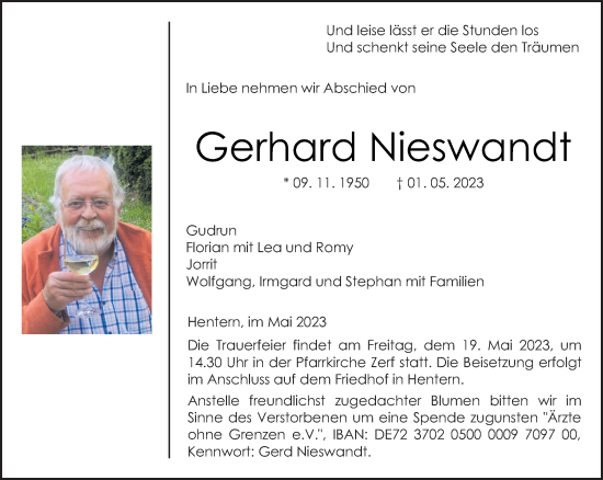 Traueranzeige von Gerhard Nieswandt von trierischer_volksfreund