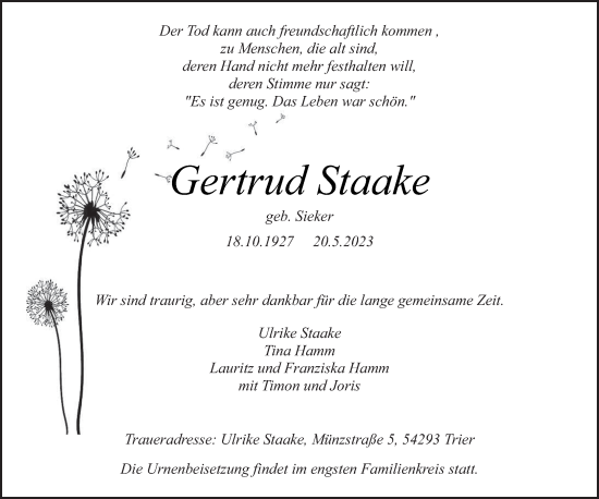 Traueranzeige von Gertrud Staake von trierischer_volksfreund