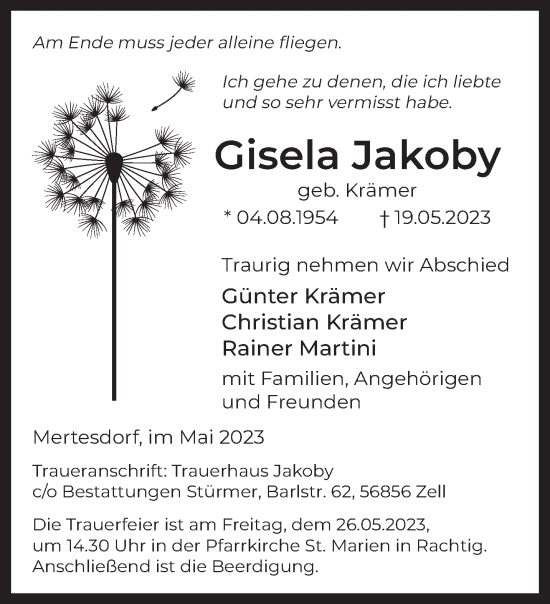 Traueranzeige von Gisela Jakoby von trierischer_volksfreund