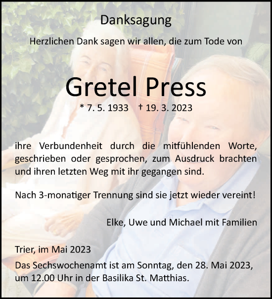 Traueranzeige von Gretel Press von trierischer_volksfreund