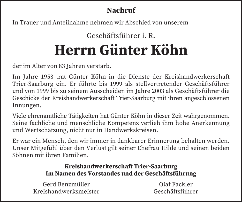  Traueranzeige für Günter Köhn vom 27.05.2023 aus trierischer_volksfreund