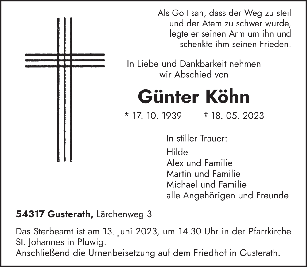  Traueranzeige für Günter Köhn vom 24.05.2023 aus trierischer_volksfreund