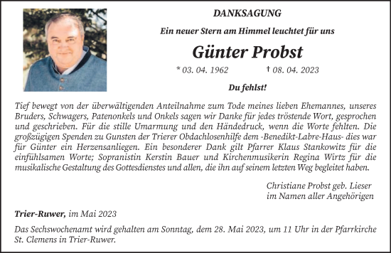 Traueranzeige von Günter Probst von trierischer_volksfreund