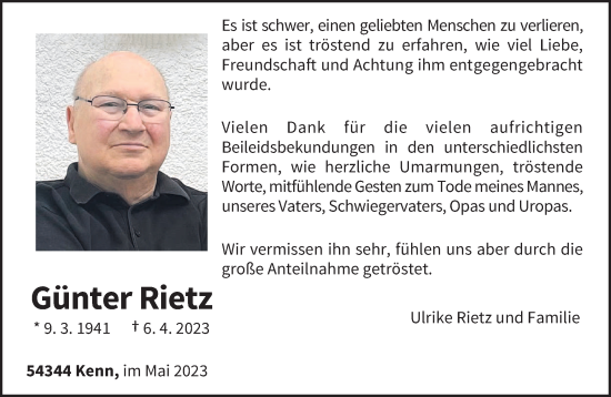 Traueranzeige von Günter Rietz von trierischer_volksfreund