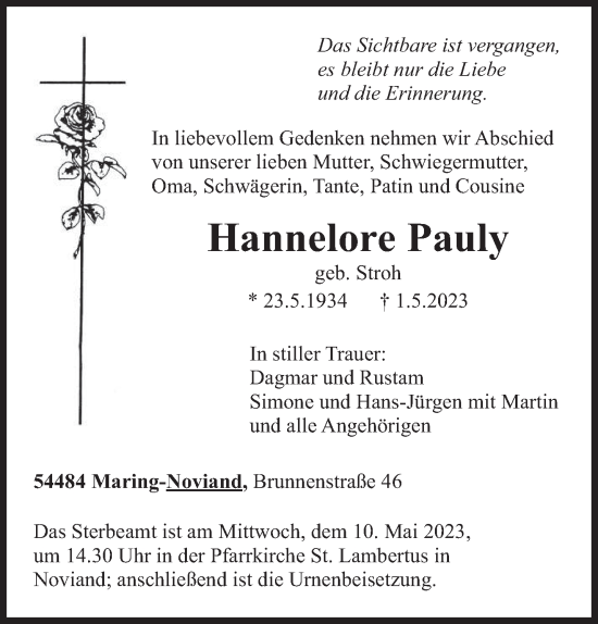 Traueranzeige von Hannelore Pauly von trierischer_volksfreund