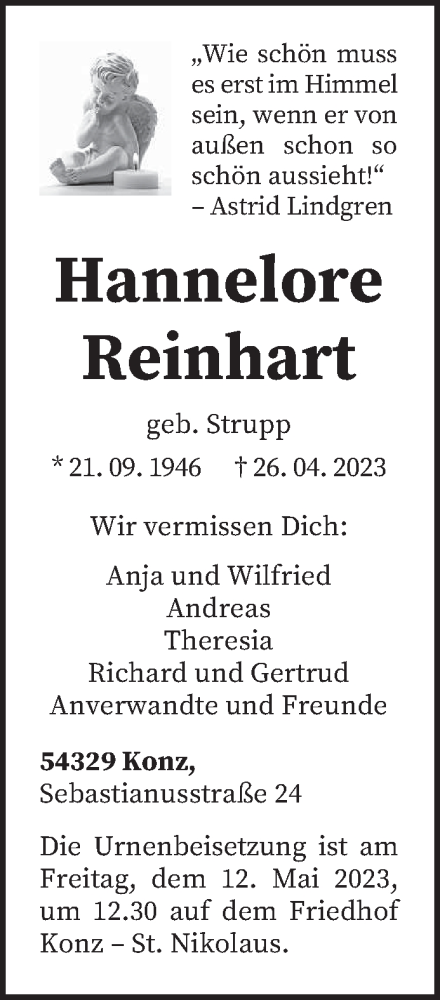 Traueranzeige von Hannelore Reinhart von trierischer_volksfreund