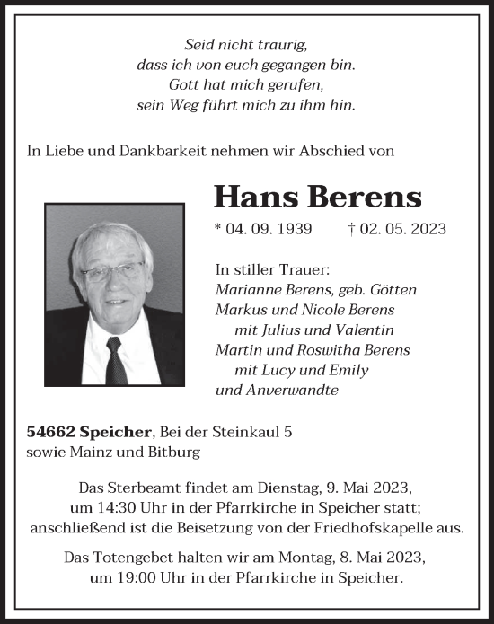 Traueranzeige von Hans Berens von trierischer_volksfreund