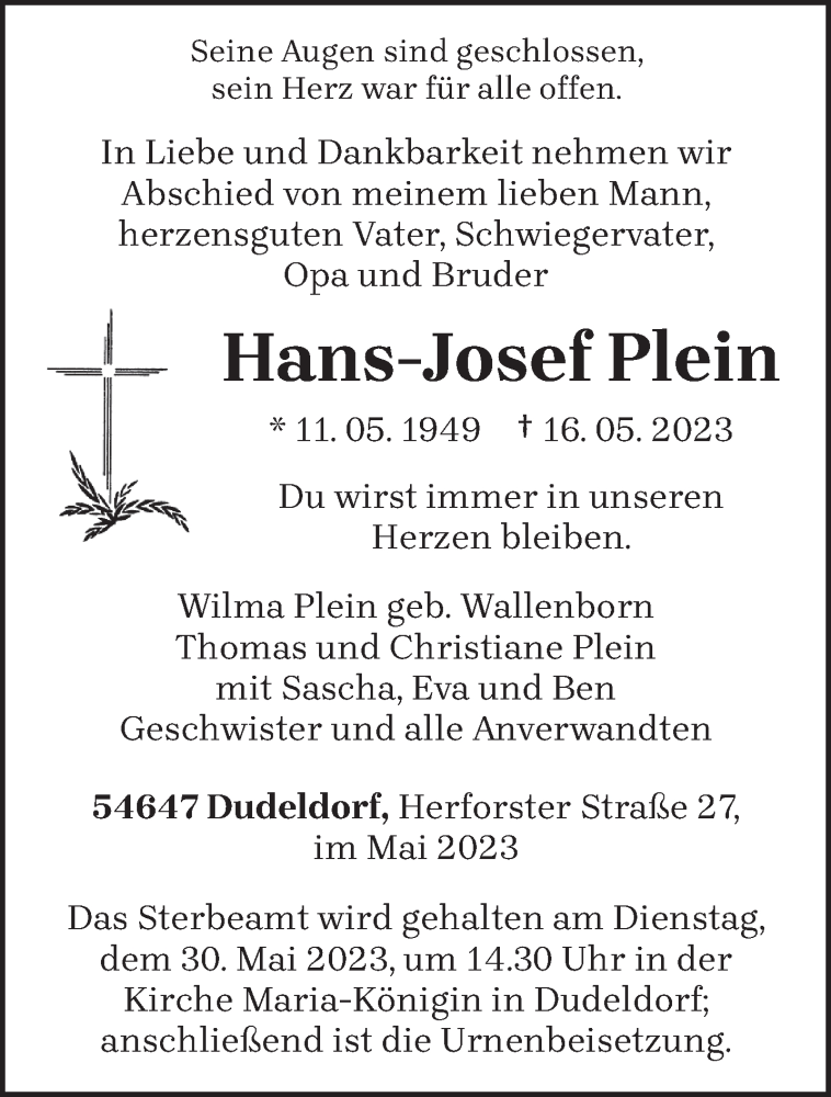  Traueranzeige für Hans-Josef Plein vom 24.05.2023 aus trierischer_volksfreund