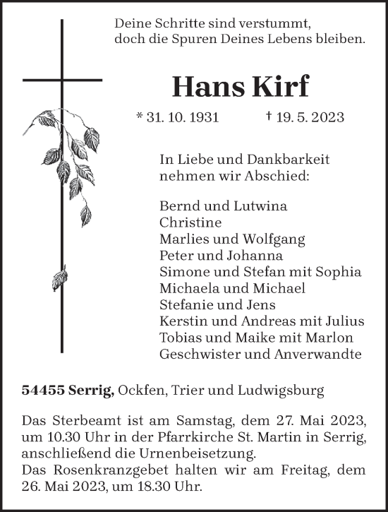 Traueranzeige von Hans Kirf von trierischer_volksfreund