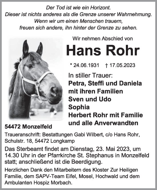 Traueranzeige von Hans Rohr von trierischer_volksfreund