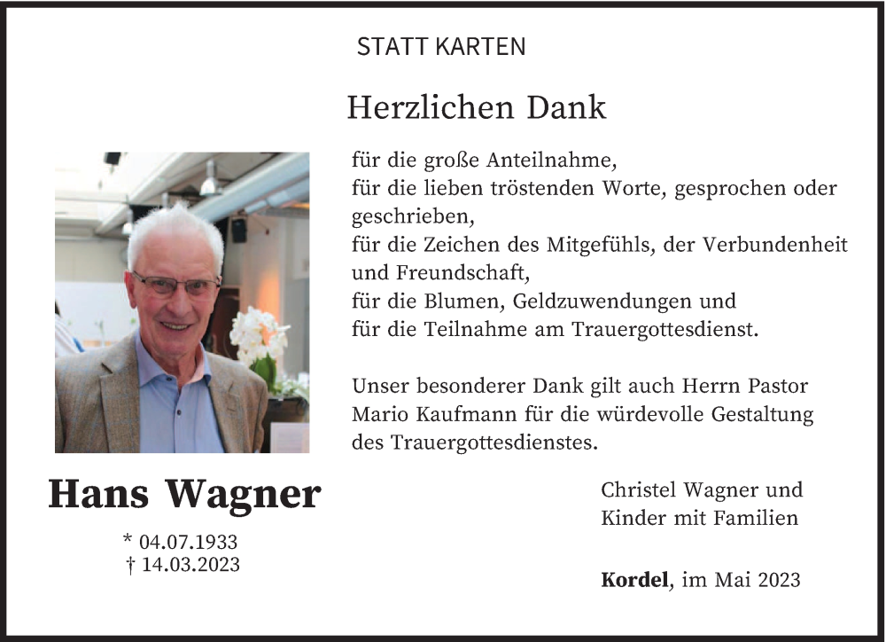  Traueranzeige für Hans Wagner vom 13.05.2023 aus trierischer_volksfreund