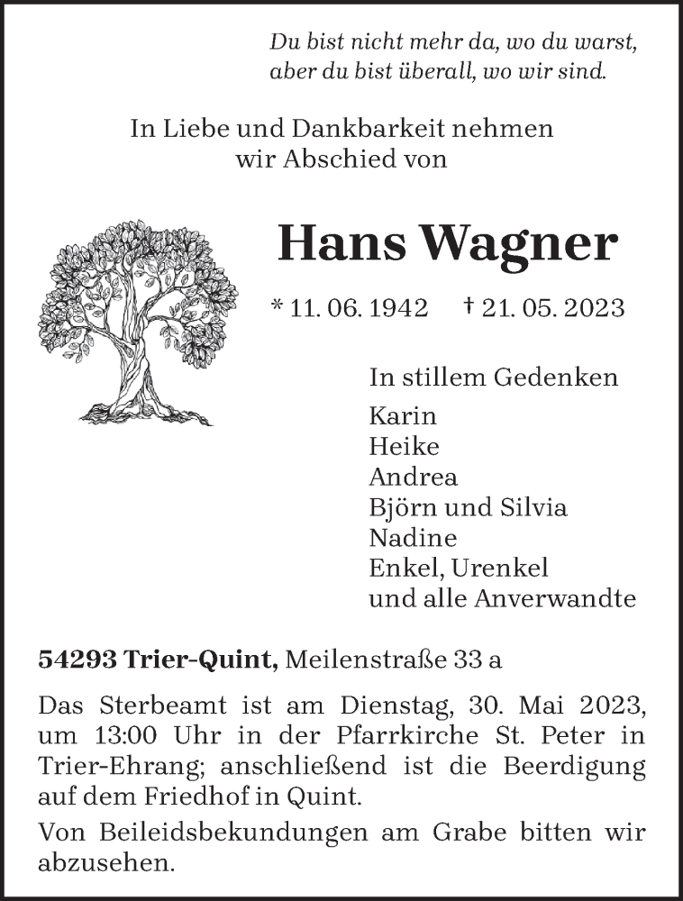  Traueranzeige für Hans Wagner vom 24.05.2023 aus trierischer_volksfreund