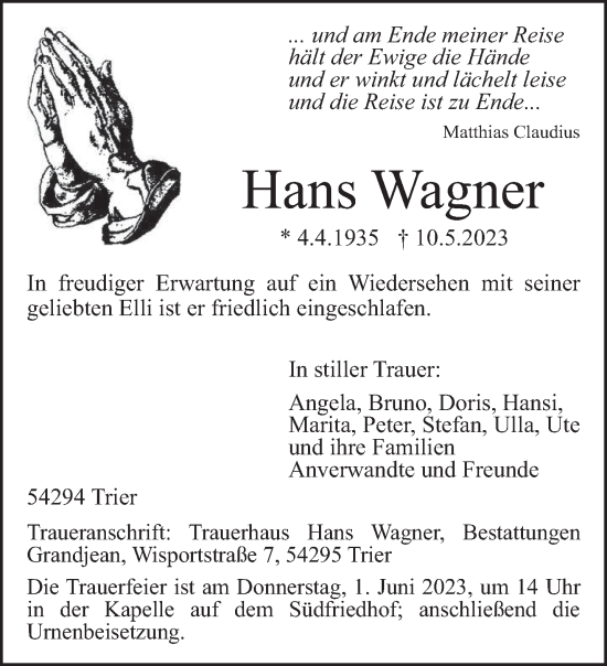 Traueranzeige von Hans Wagner von trierischer_volksfreund