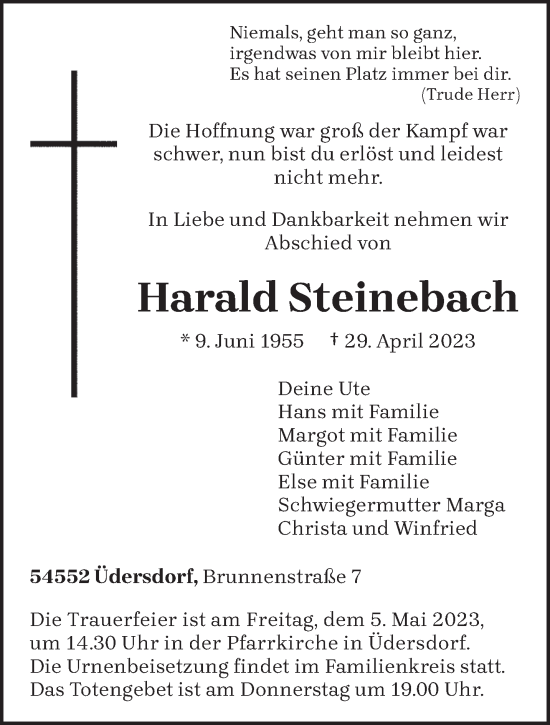 Traueranzeige von Harald Steinebach von trierischer_volksfreund