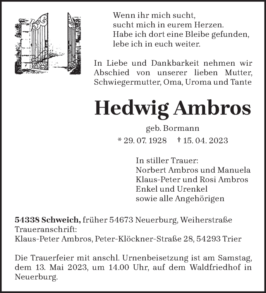  Traueranzeige für Hedwig Ambros vom 06.05.2023 aus trierischer_volksfreund