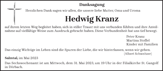 Traueranzeige von Hedwig Kranz von trierischer_volksfreund