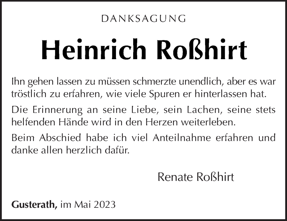  Traueranzeige für Heinrich Roßhirt vom 06.05.2023 aus trierischer_volksfreund