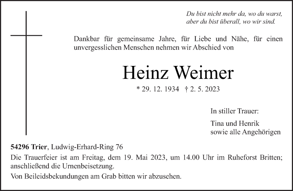  Traueranzeige für Heinz Weimer vom 13.05.2023 aus trierischer_volksfreund