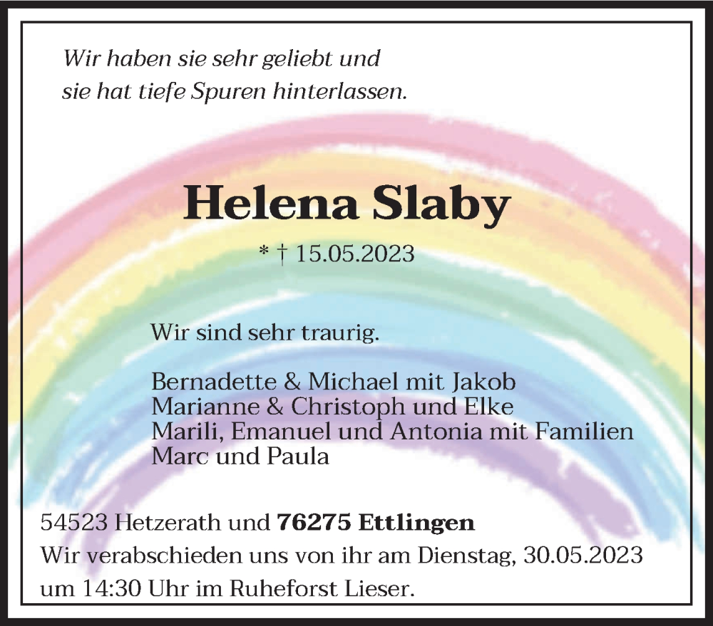  Traueranzeige für Helena Slaby vom 27.05.2023 aus trierischer_volksfreund